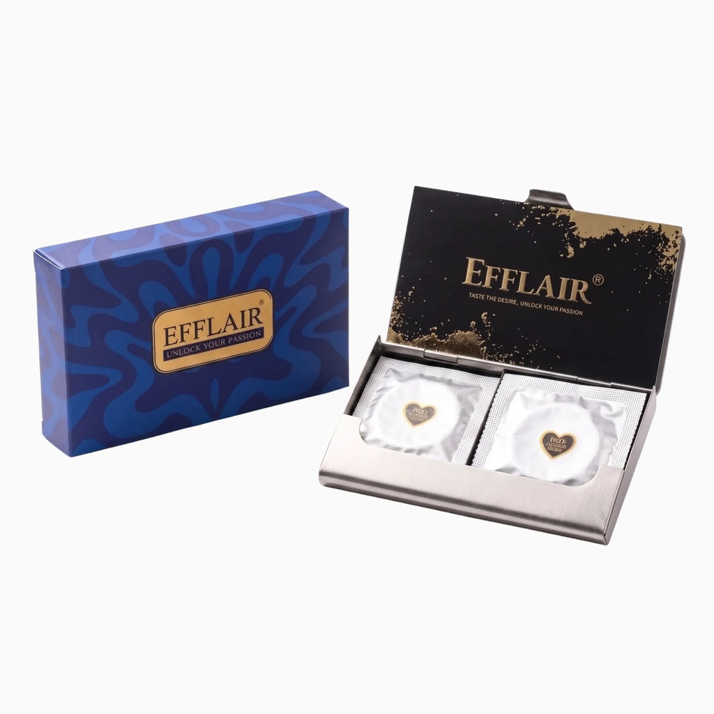 Efflair Gentleman's Case steel condom holder open with box